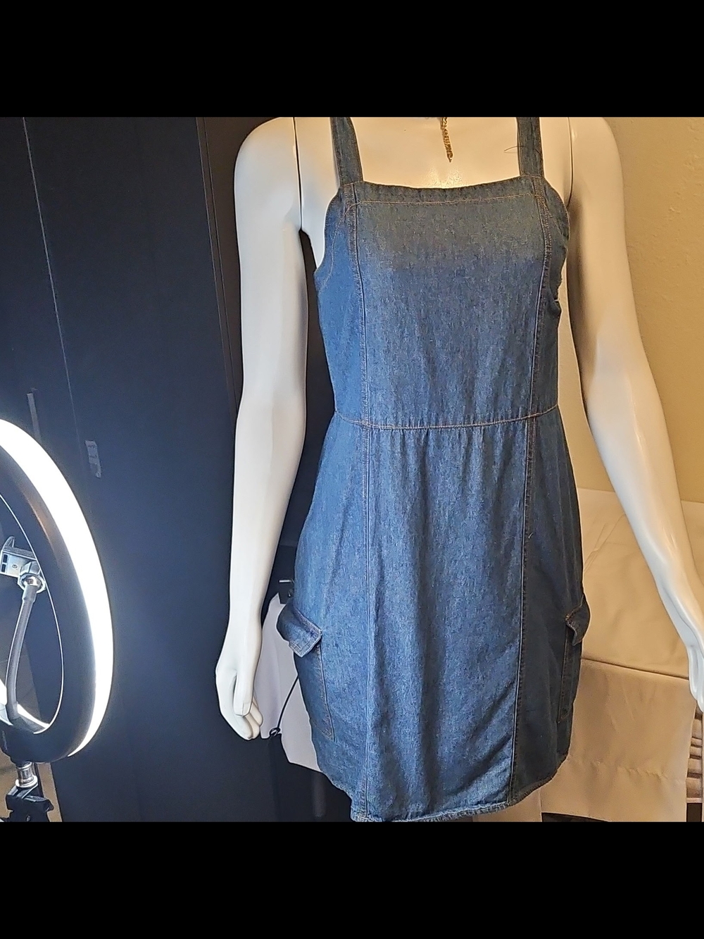 Denim Pocket Pinafore Dress - Blue